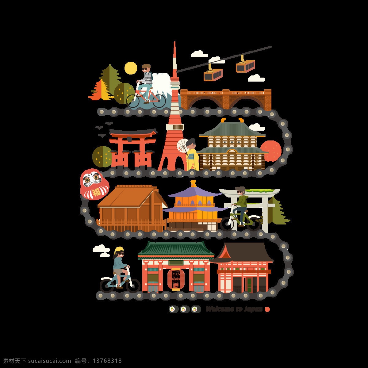 清新 深色 轨道 日本旅游 装饰 元素 橘黄色月亮 日本文化 装饰元素