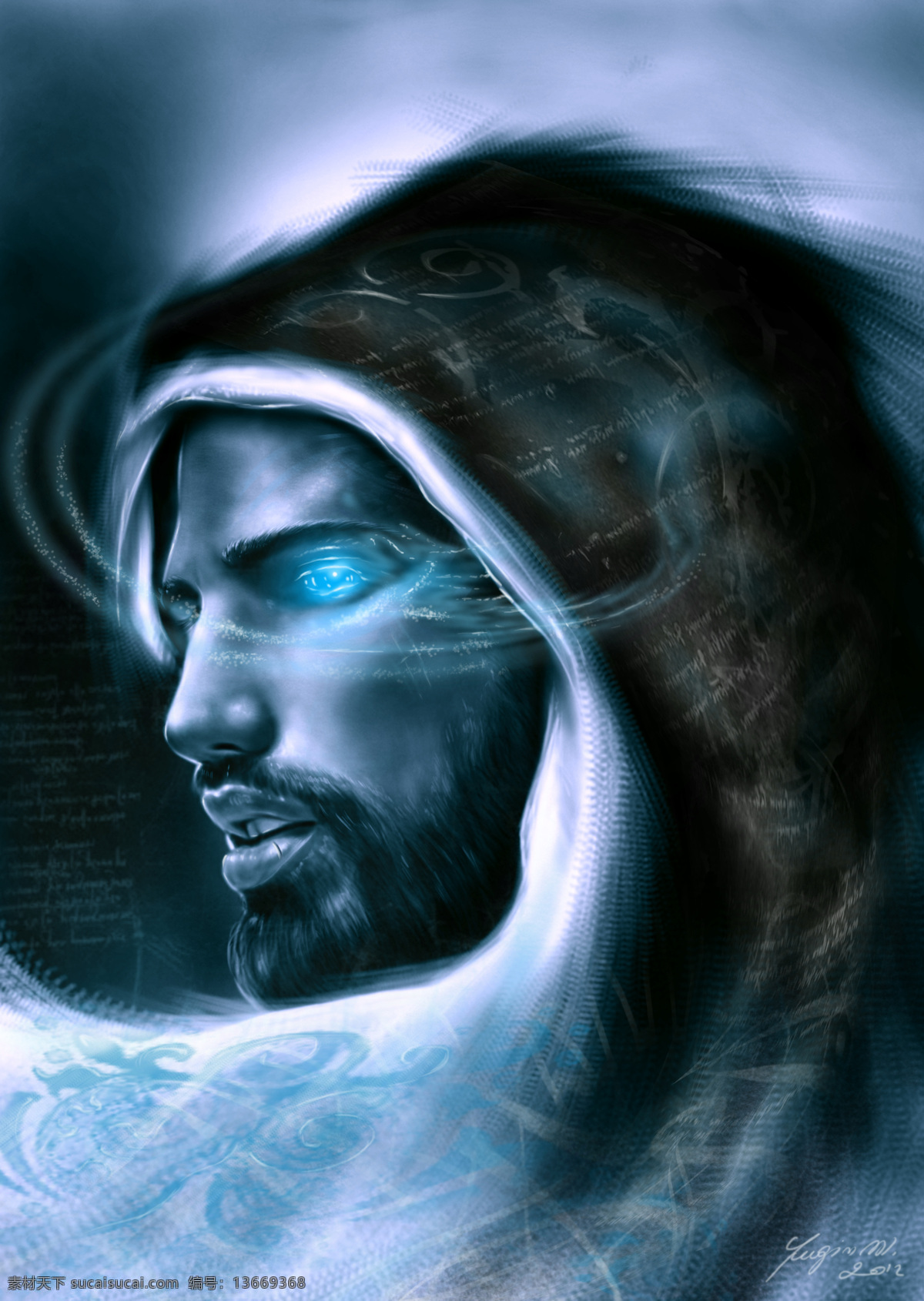 蓝光魔术师 蓝眼睛 特异功能 魔法师 胡须 成熟 男人 cg 插画 手绘 电脑绘画 艺术画 绘画书法 文化艺术