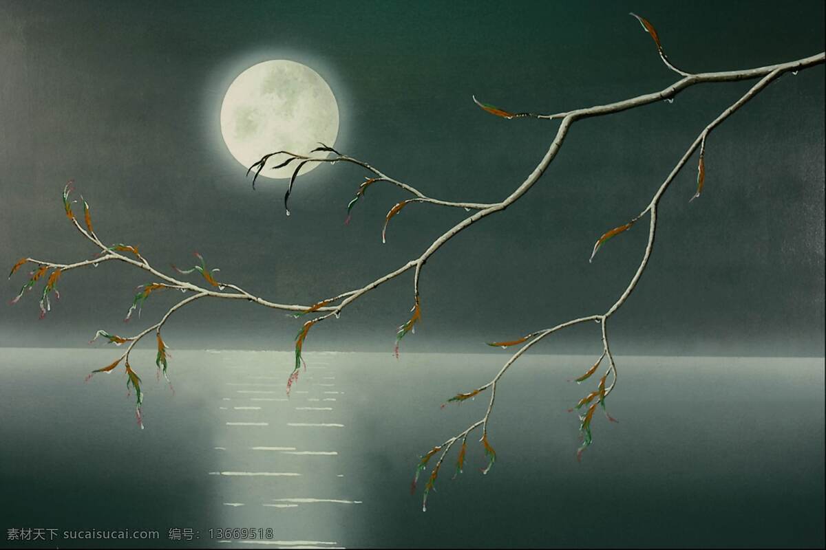 月夜 月亮 树枝 湖面 文化艺术 绘画书法 绘画 设计图库 绘画风景图画