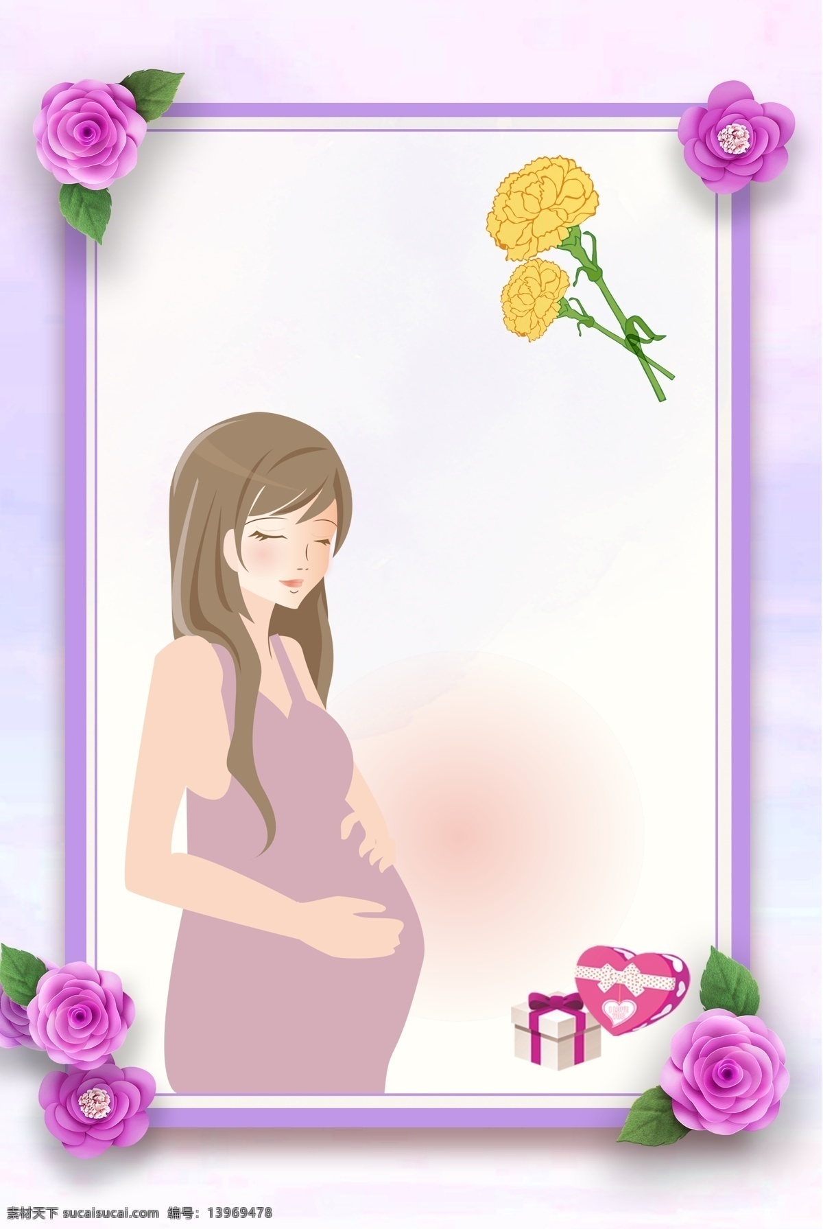 紫色 温馨 花卉 母亲节 海报 背景 文艺 清新 卡通 手绘 质感 纹理 边框