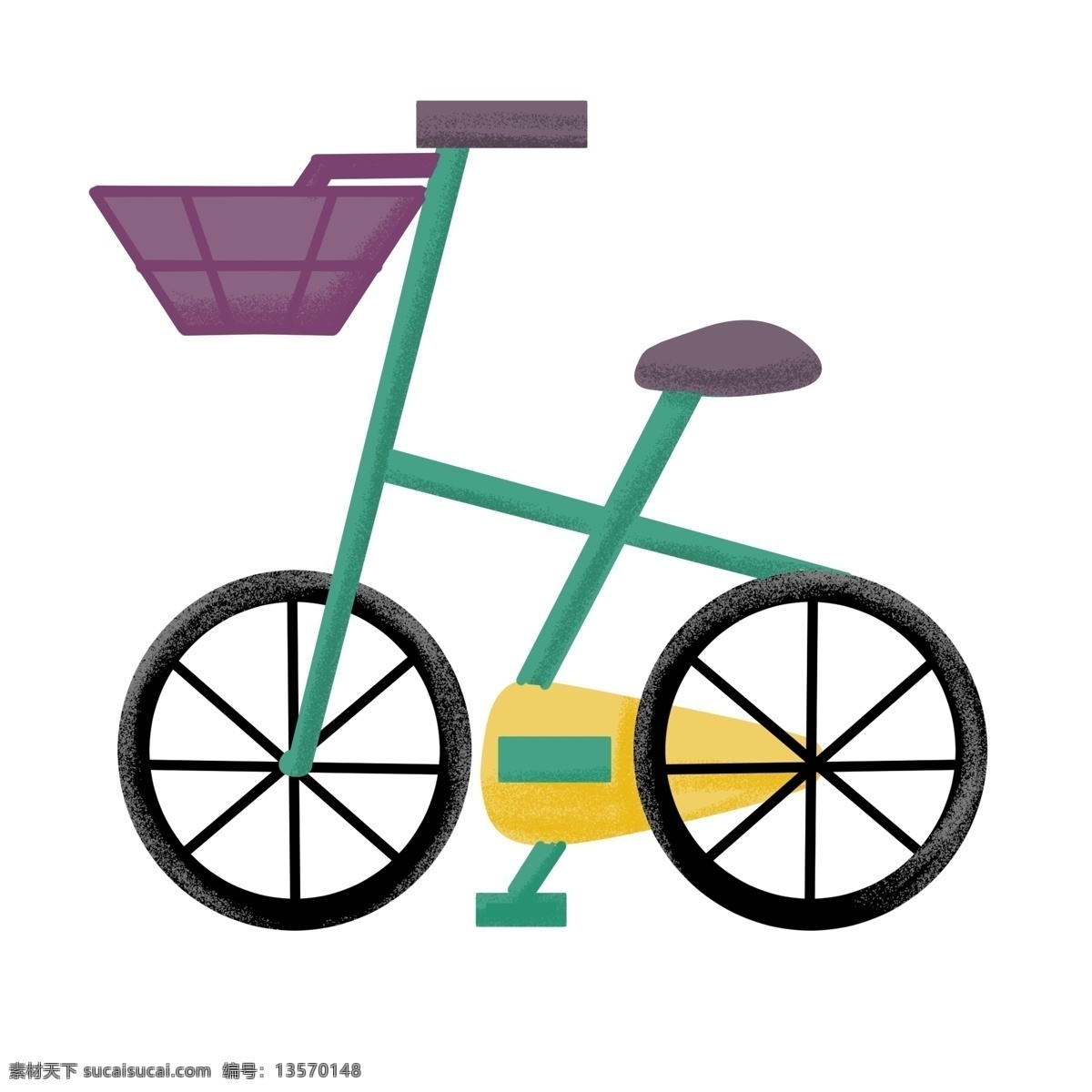 手绘 绿色 自行车 插画 手绘自行车 单车 车子 代步车 自行车插画 卡通脚踏车 紫色车框 黑色车轮子