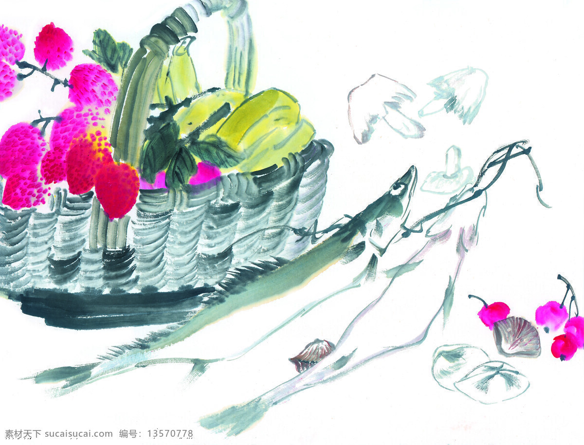 水墨画 篮子 蔬菜 鱼 中国风 中华艺术绘画 文化艺术