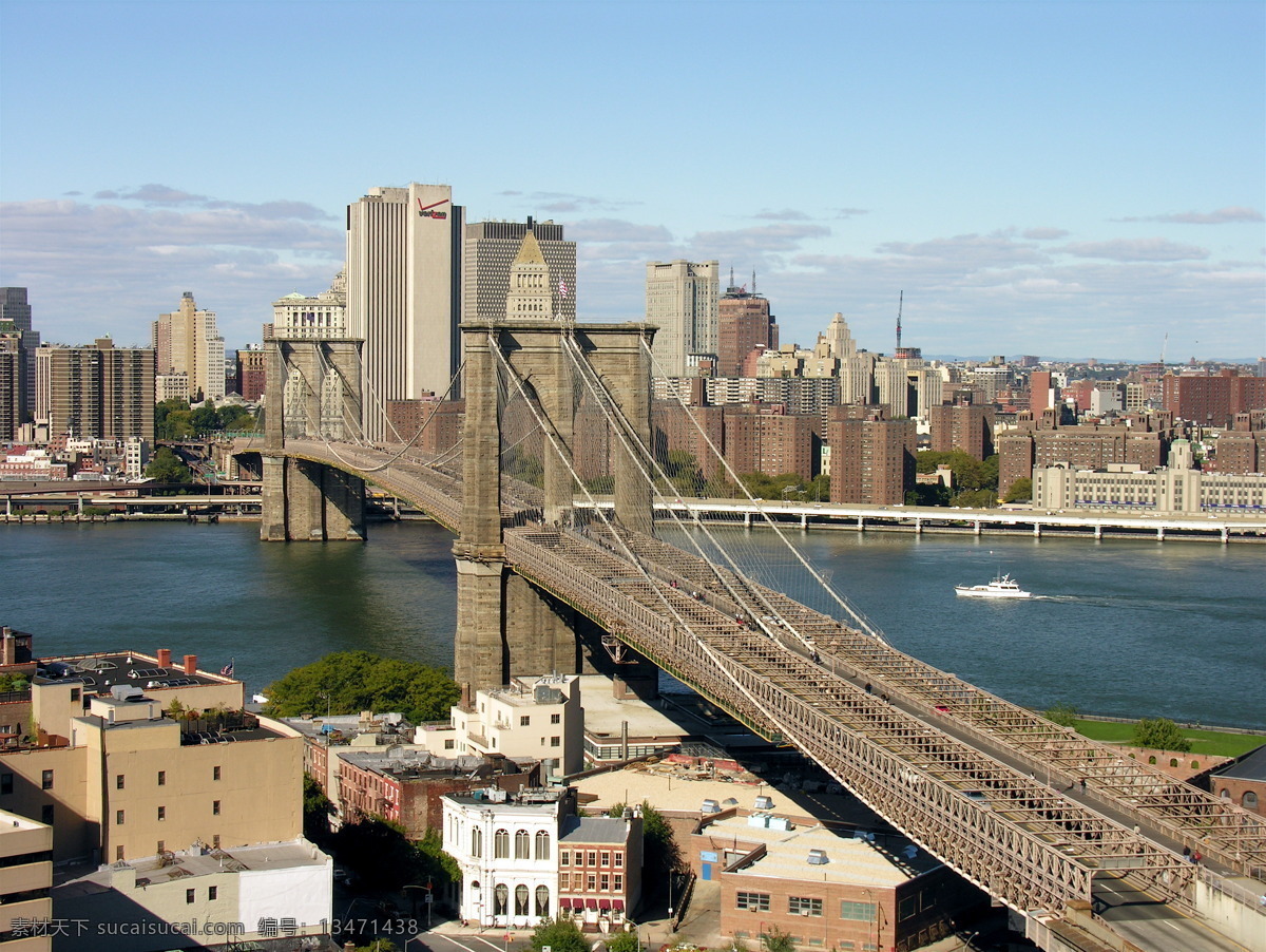 纽约 布鲁克林大桥 钢结构 悬索大桥 标志性建筑 横跨东河 东河 船只 河岸 建筑群 多云天空 景观 景点 旅游风光摄影 美国大地 大城市风貌 旅游摄影 国外旅游