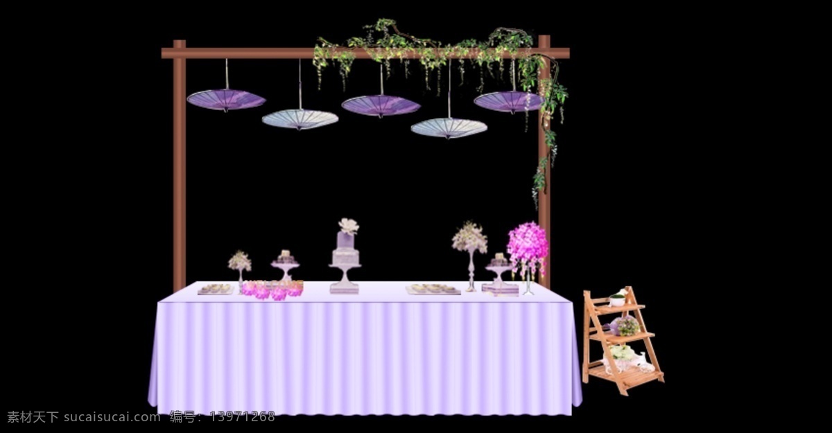 婚礼 甜品 区 户外 婚礼效果图 婚庆 木桩 伞 藤蔓 紫色 紫色婚礼 甜品区 油伞 木花架 原创设计 其他原创设计