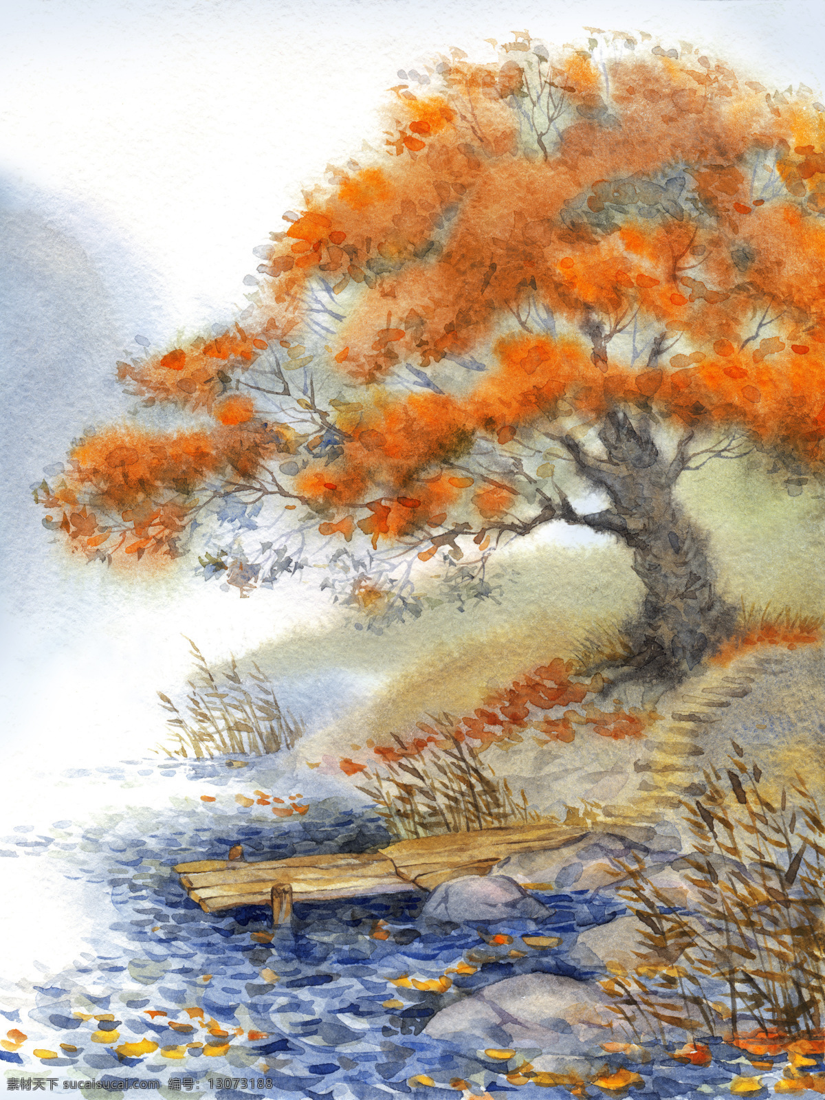 秋天 风景 插画 卡通风景 秋季树木 水彩风景 风景插画 水彩画 风景写生 书画文字 文化艺术