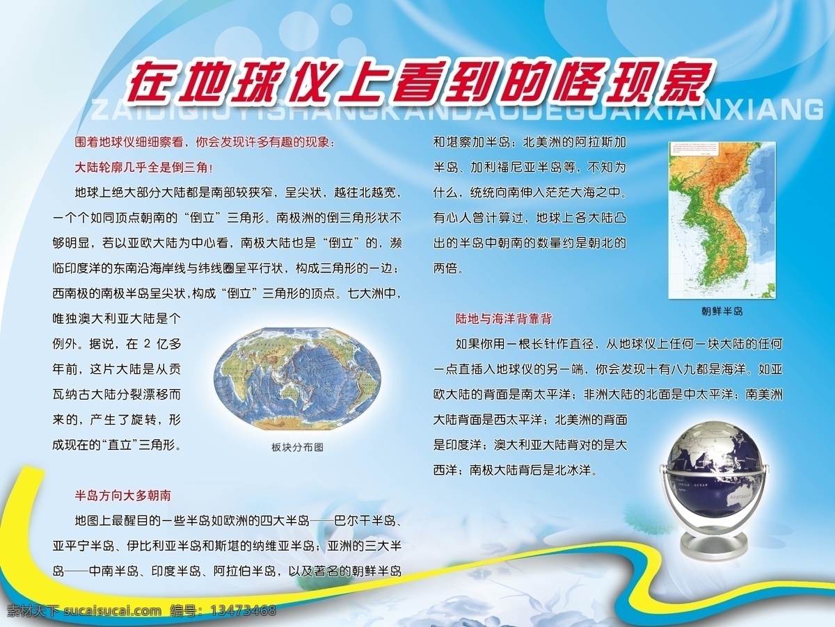 地球仪版面 地理知识模版 地球仪 曲线 世界板块 朝鲜半岛 文字 蓝色 花 圆 字母 分层 源文件