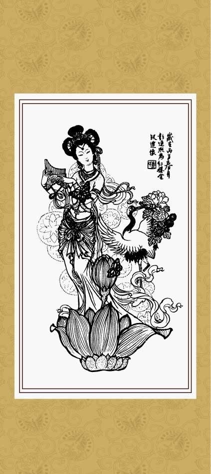 鬼狐仙怪 荷花仙姑 线描 白描 绘画 工笔 国画 人物 传统纹样 民间故事 传统文化 文化艺术 矢量