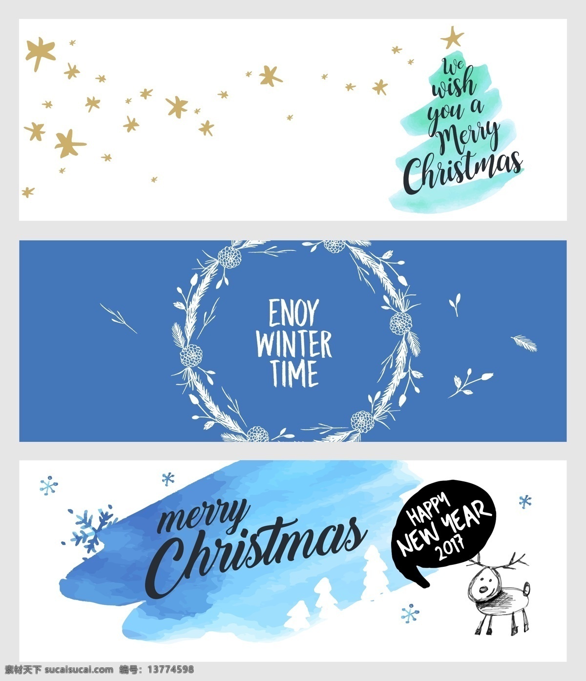 节日 庆祝 圣诞 新年 横幅 海报 矢量 蓝色 水彩 花环 树环 简约 背景 下雪 卡通 手绘 广告