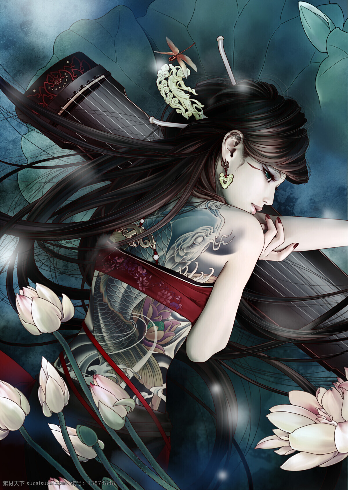 插画美女 美女 莲花 荷花 纹身 头饰 动漫 剑网三 插画 游戏原画 海报 琴子 琴 绘画书法 文化艺术 张小白插画