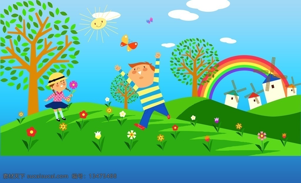 幼儿园 幼儿园展板 幼儿园墙绘 幼儿园墙画 幼儿 卡通画 幼儿园卡通 卡通幼儿园 墙绘 卡通墙绘 卡通墙画 幼儿形象墙 蓝天白云 绿地 插画 卡通设计