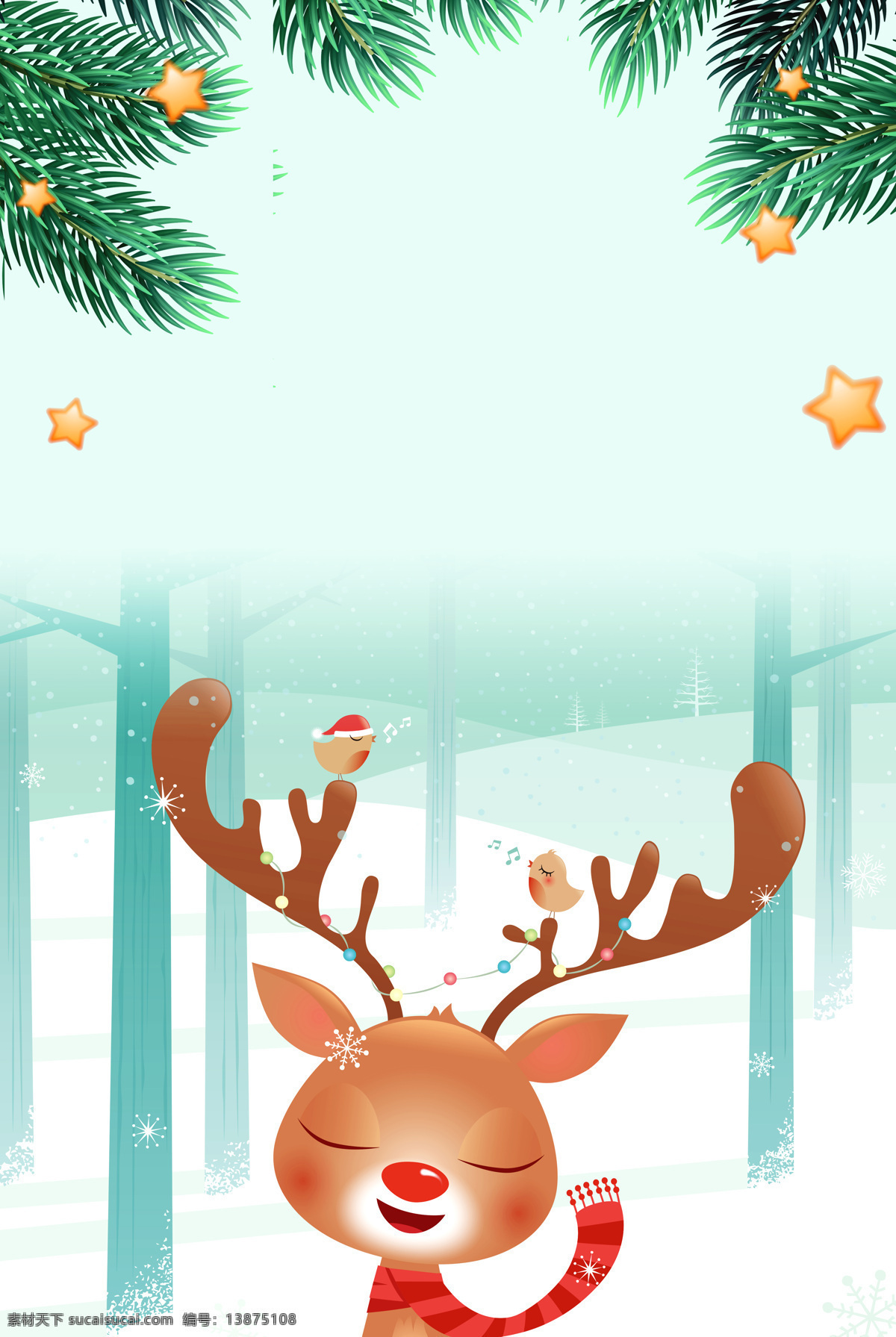 可爱 卡通 麋鹿 圣诞 清爽 背景 圣诞节 树叶 星星 大气 手绘 扁平