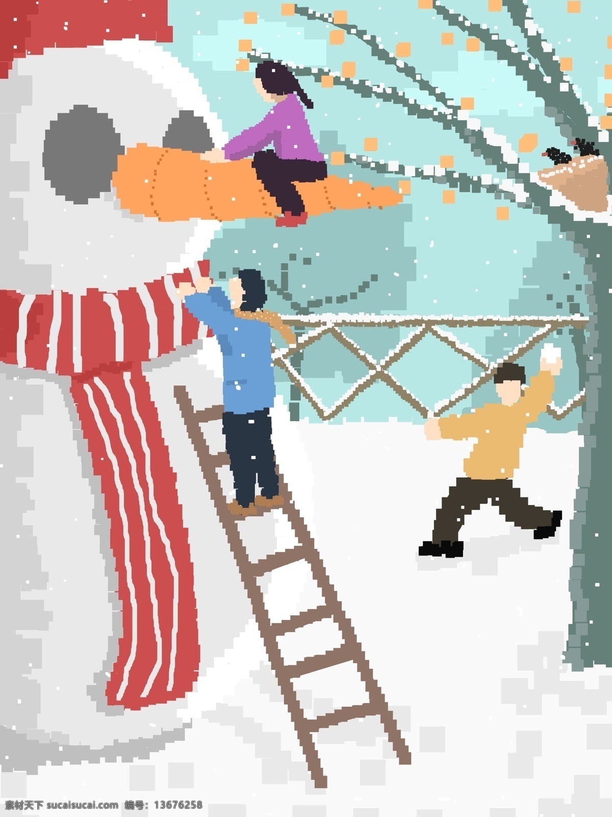 堆 雪人 打雪仗 像素 画 原创 插画 冬天 下雪 清新 壁纸 堆雪人 配图