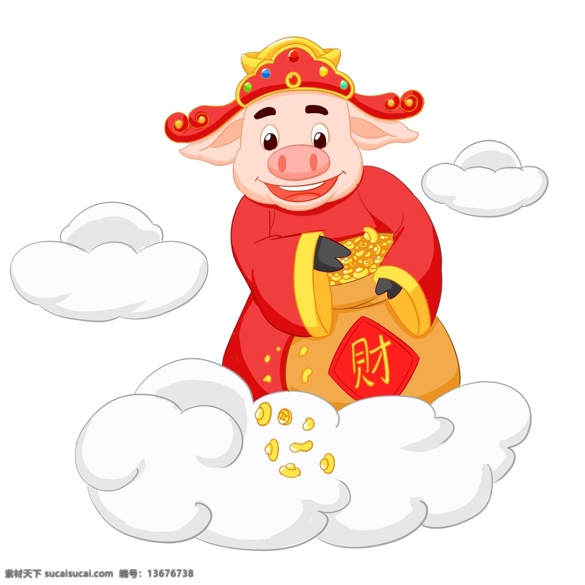 手绘 猪 恭祝 新春 新春大吉 手绘卡通猪猪 吐舌头 俏皮可爱 钱袋 金元宝 铜币 恭喜发财 红字帖