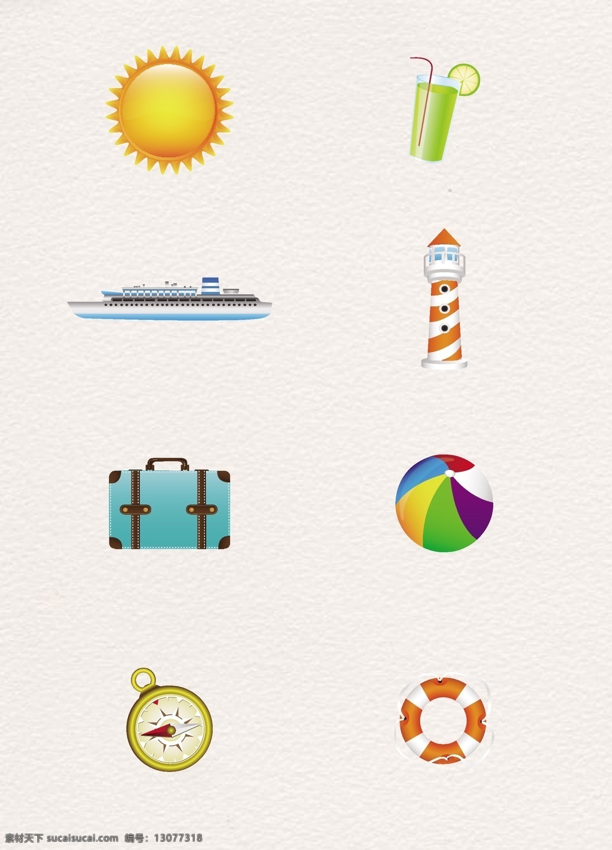 款 创意 旅行 元素 手绘 卡通 度假 太阳 果汁 海轮 灯塔 行李箱 指南针 救生圈