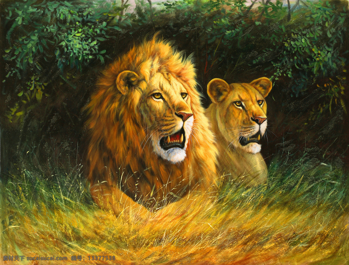 狮虎 狮子 老虎 壁画 插画 装饰画 国画 文化艺术 绘画书法