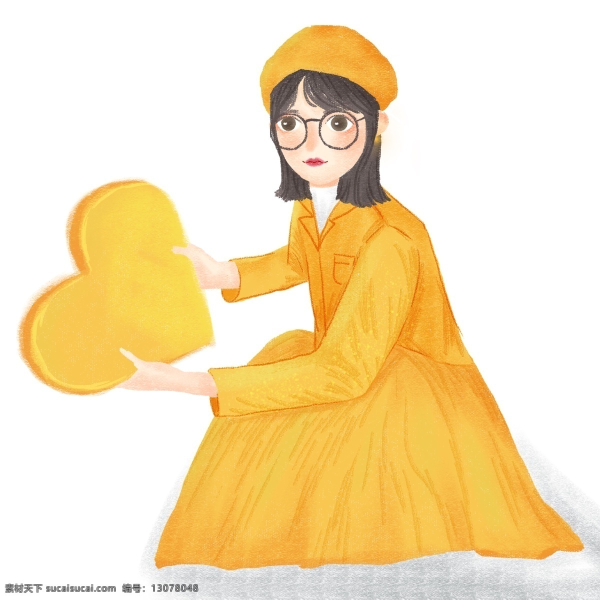 彩绘 爱心 女孩儿 插画 秋季 冬季 人物 女孩 黄色风衣 女生