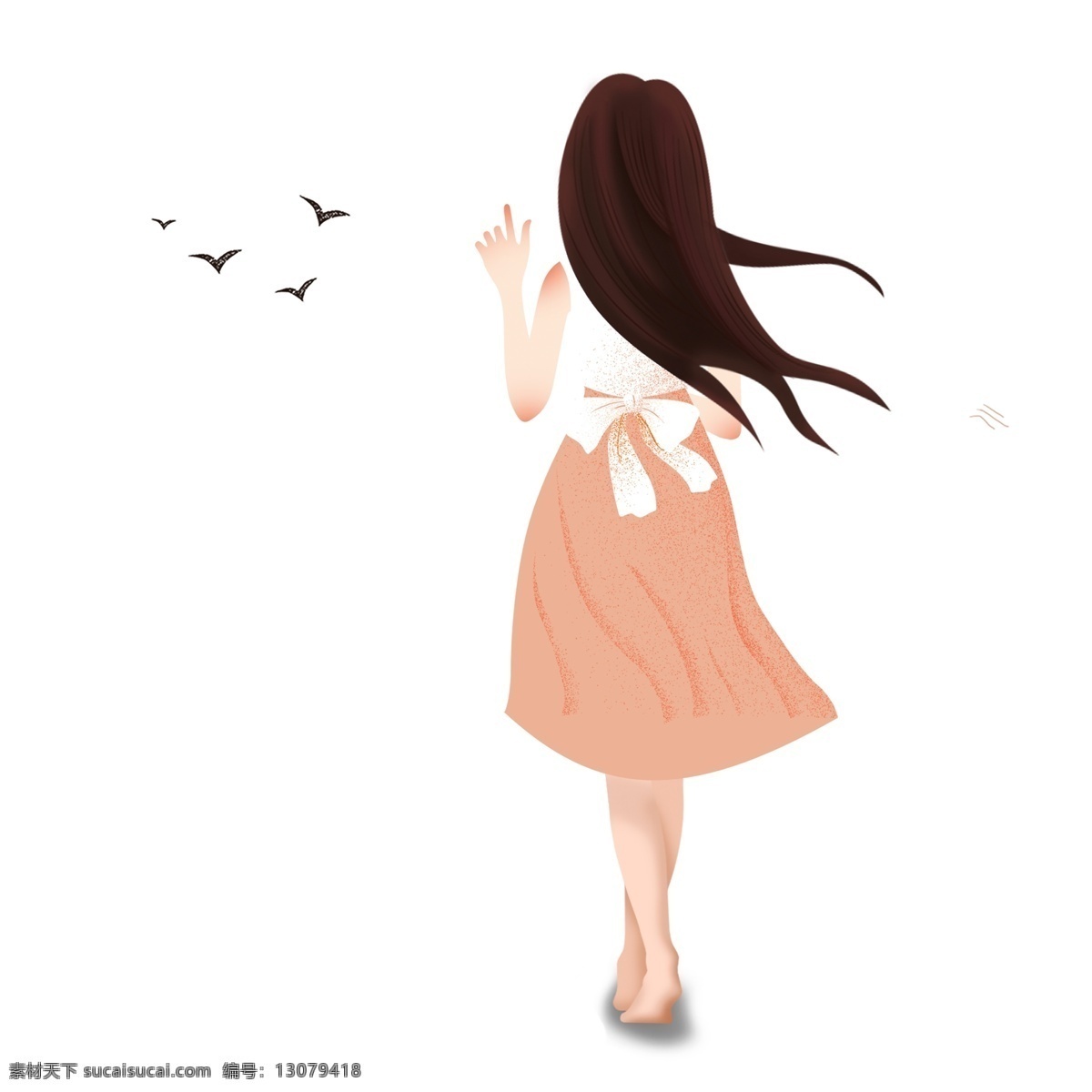 清新 春分 女孩 手绘 背影 插画 女生 人物 卡通