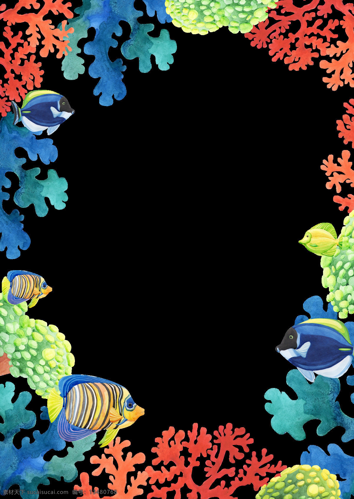珊瑚 海产 生物 透明 海草 红色 蓝色 绿色 免扣素材 热带鱼 水彩 透明素材 装饰图案