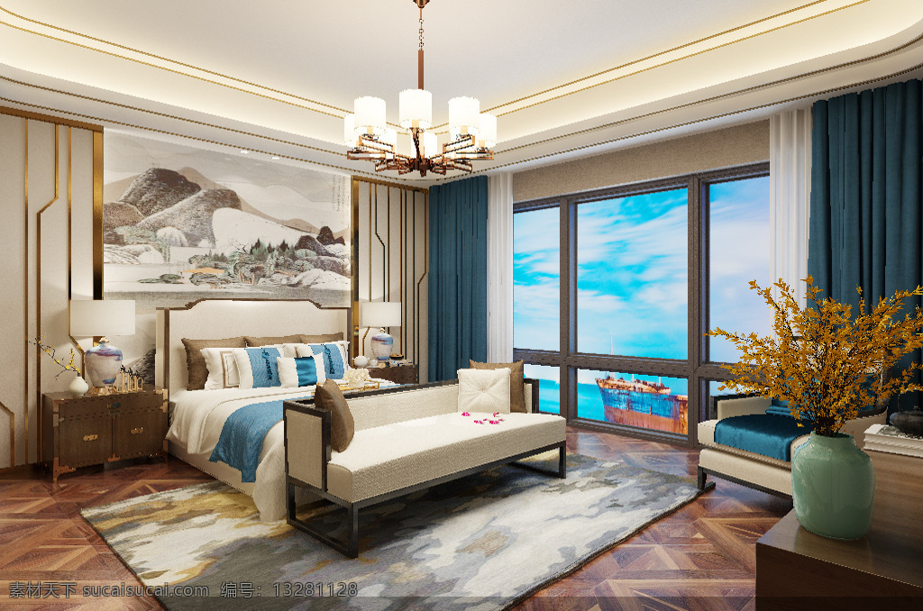新 中式 风格 大气 卧室 效果图 时尚 温馨 3d 背景墙 新中式 轻奢 舒适