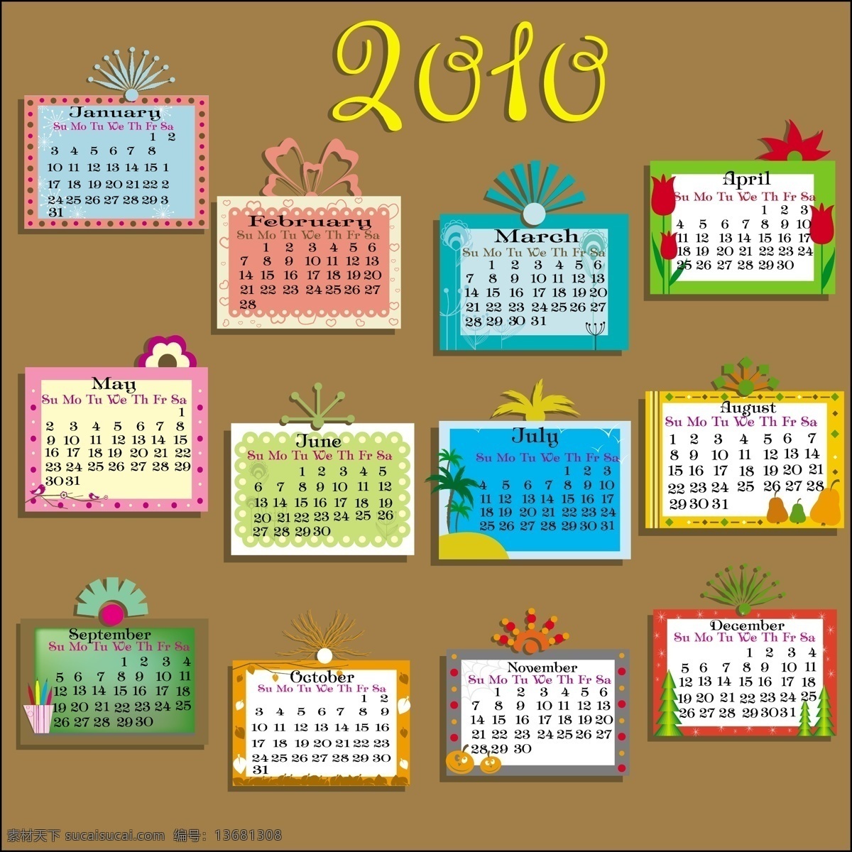 2010 可爱的 日历 自由 矢量 可爱 模板 年度 年历 免费