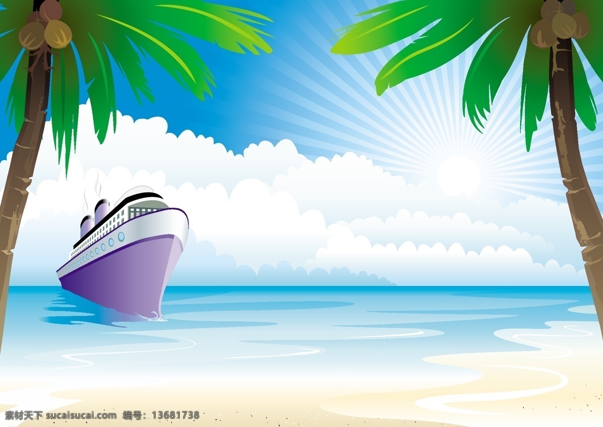 大海 轮船 风景 矢量 放射线 沙滩 矢量风景 矢量图 太阳 阳光 椰子树 云朵 其他矢量图
