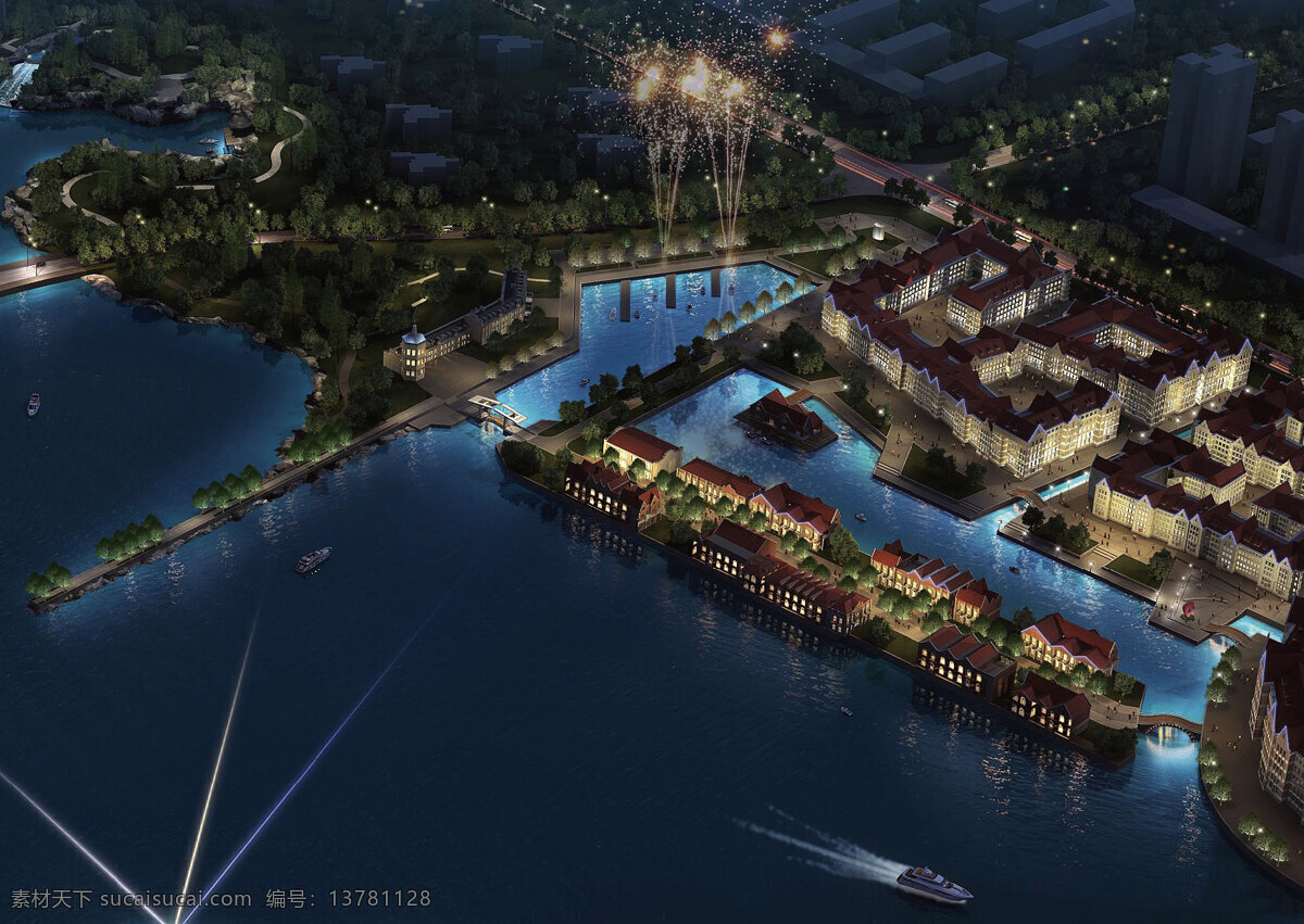湖中 商业街 景观 夜景 建筑群 条形 商业 街道 水岸灯光 原创设计 其他原创设计