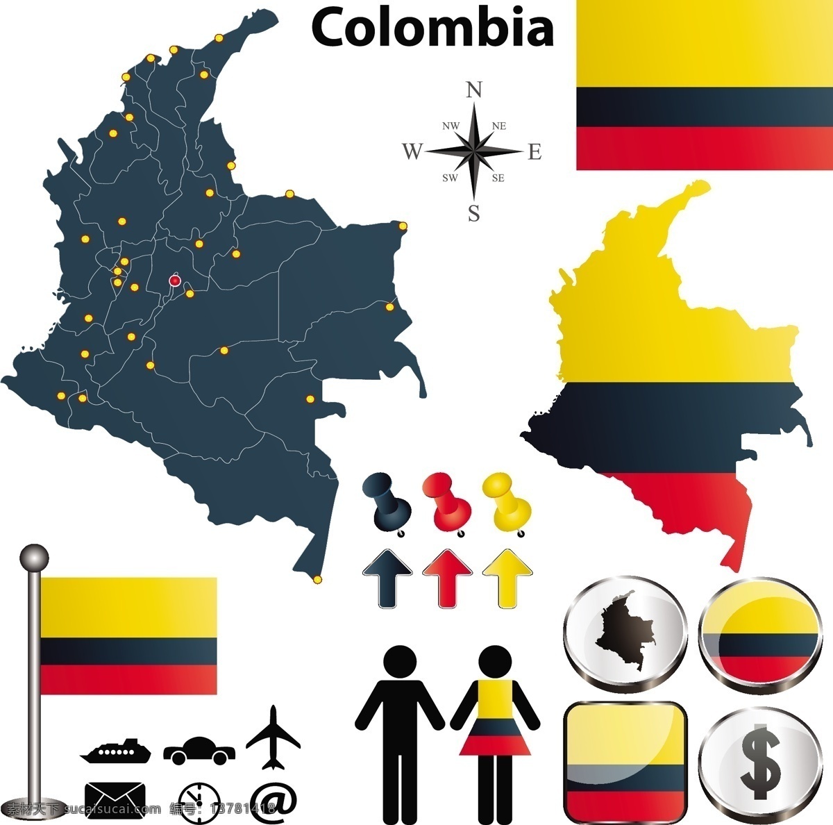 哥伦比亚 地图 国旗 哥伦比亚国旗 国徽 国旗图标 箭头 图钉 水晶按钮 空间环境 矢量素材 白色