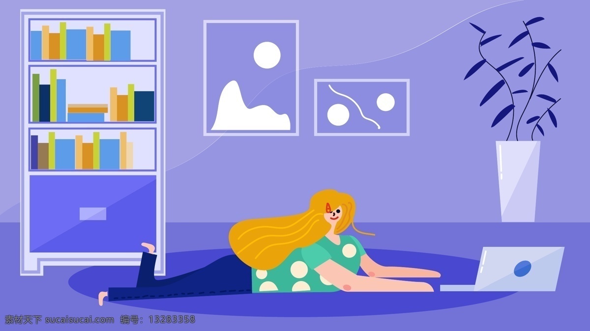 原创 矢量 插画 在家 办公 女孩 配 图 紫色背景 办公室 简洁 矢量插画 工作中的人 长发女孩 紫色调 金色长发女孩 书架 家里 手机壁纸 公众号配图 公众号背景 电脑插画 电脑壁纸 扁平风 趴着的女孩