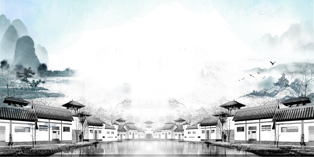 古典 中国 风 彩绘 背景 建筑 蓝色 背景素材 清新背景 海报背景 彩绘背景 古风素材 创意背景 psd背景 古典风背景图 电商背景 花朵彩绘背景