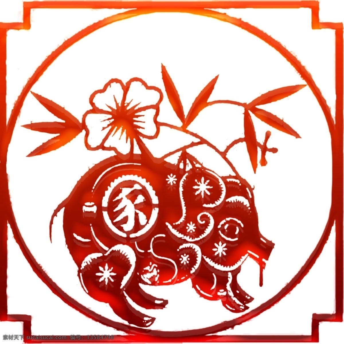 生肖 猪 原创 商用 剪纸 可爱 元素 雕花 喜庆 效果