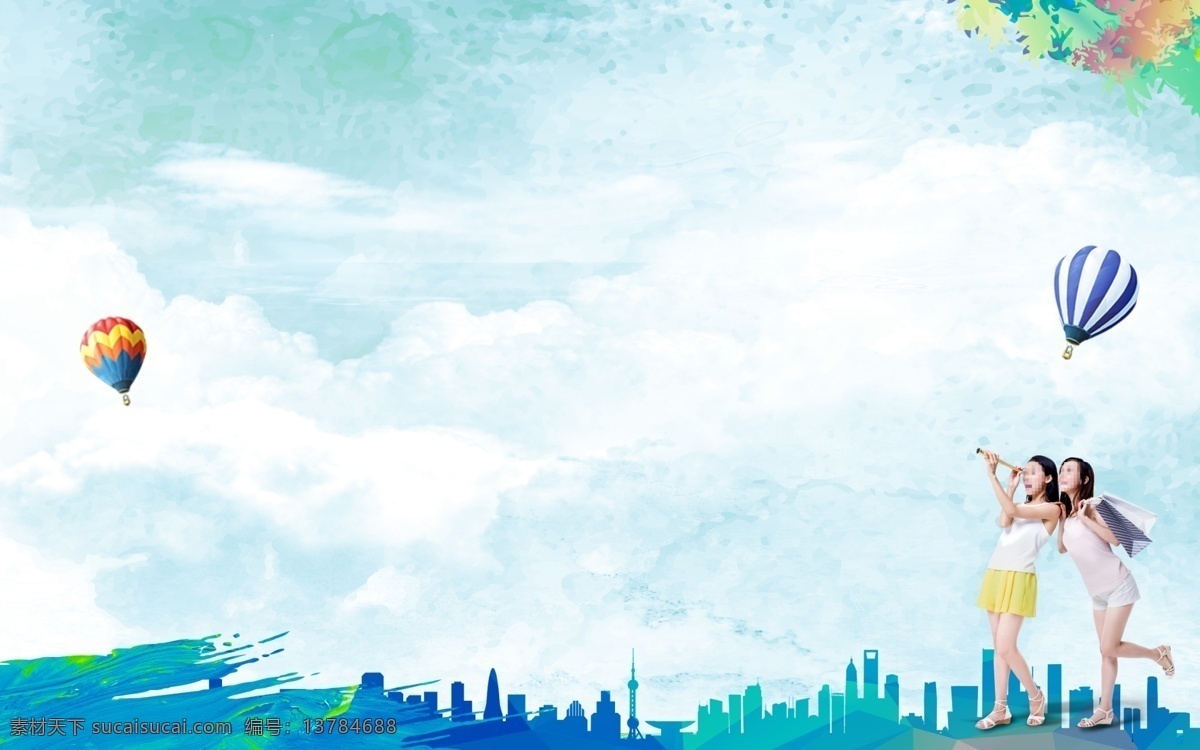 卡通天空海报 卡通天空背景 热气球素材 城市剪影素材 卡通女孩 绿色夏日背景 绿色背景 动漫动画 风景漫画