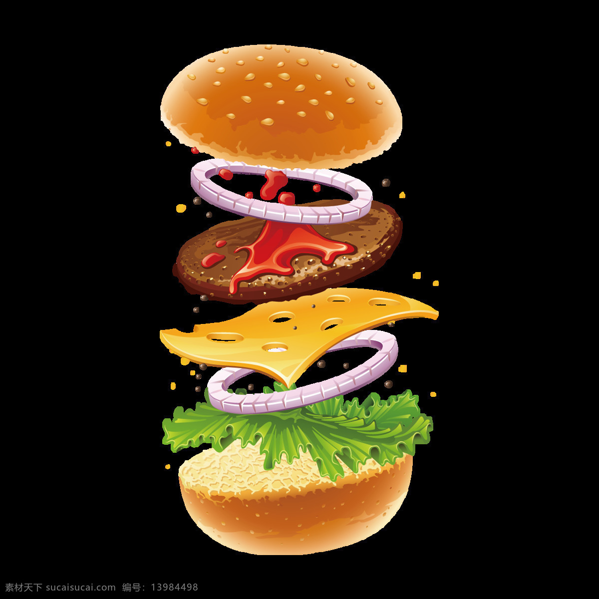 手绘 美味 汉堡 元素 芝士 牛肉 蔬菜 洋葱圈 免抠
