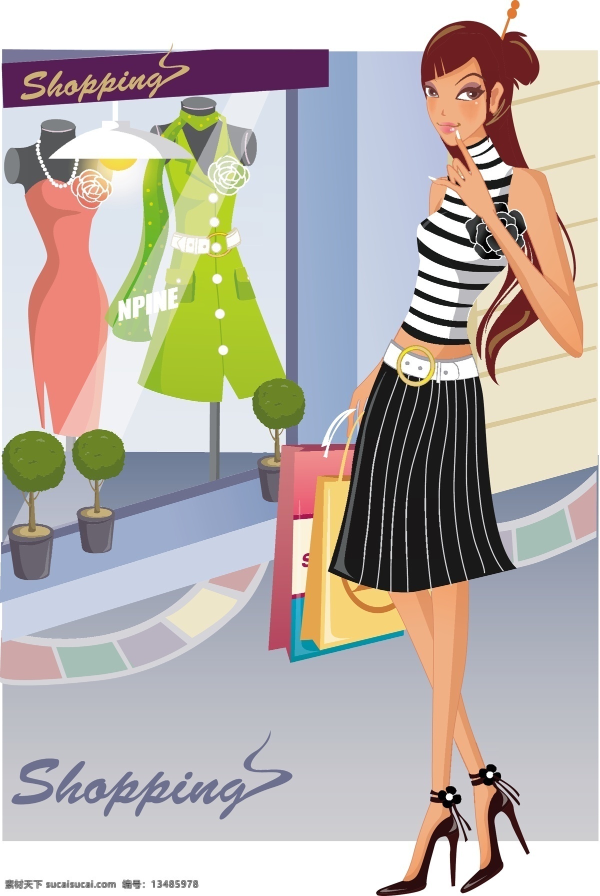 时尚 女性 购物 女性购物 时尚女性 咖啡 向量 购物袋 帽子 轮廓 矢量图 矢量人物