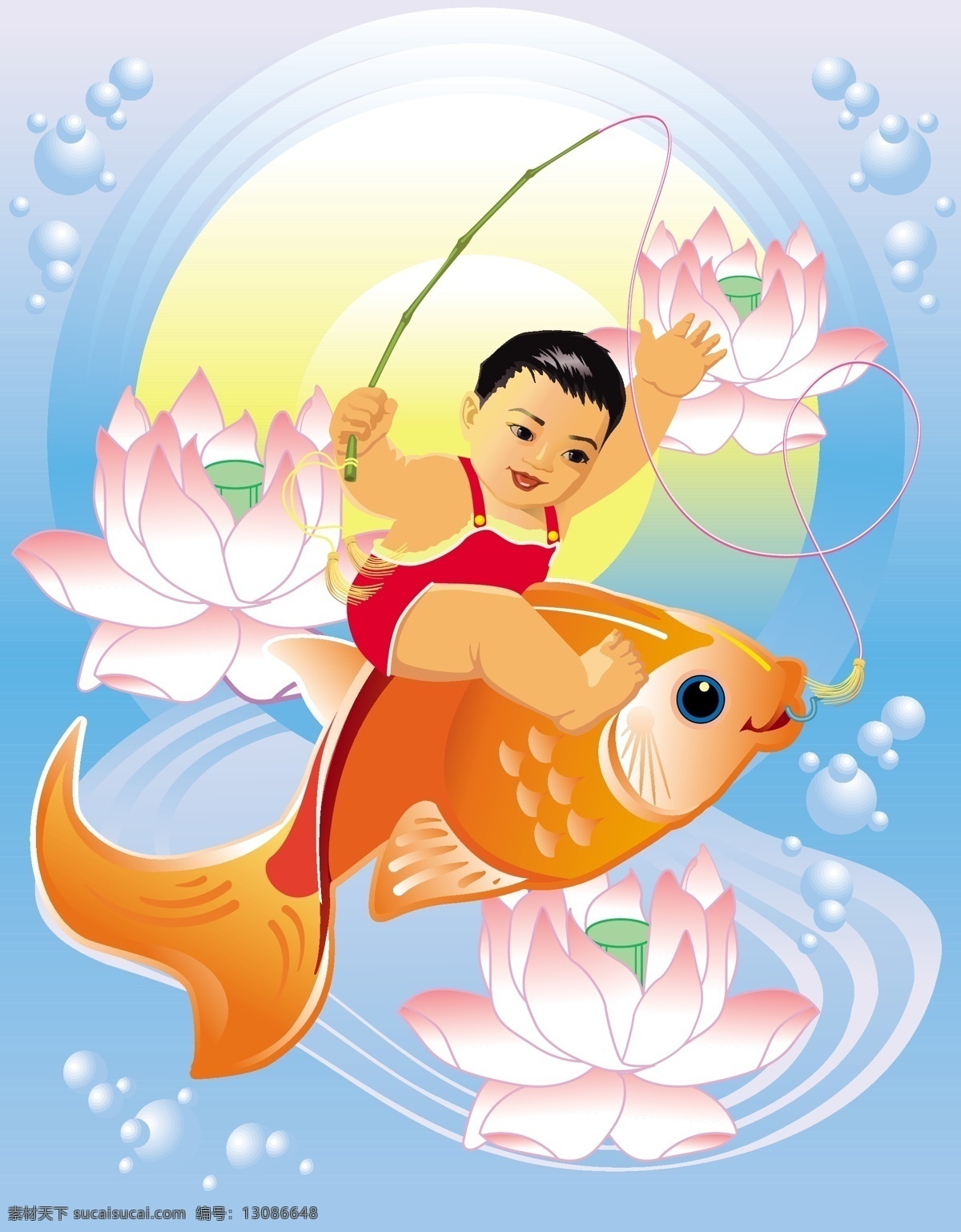 中国 风 吉祥 年画 矢量 钓鱼 孩子 金鱼 莲花 鱼 传统的中国风 向量 矢量图 其他矢量图