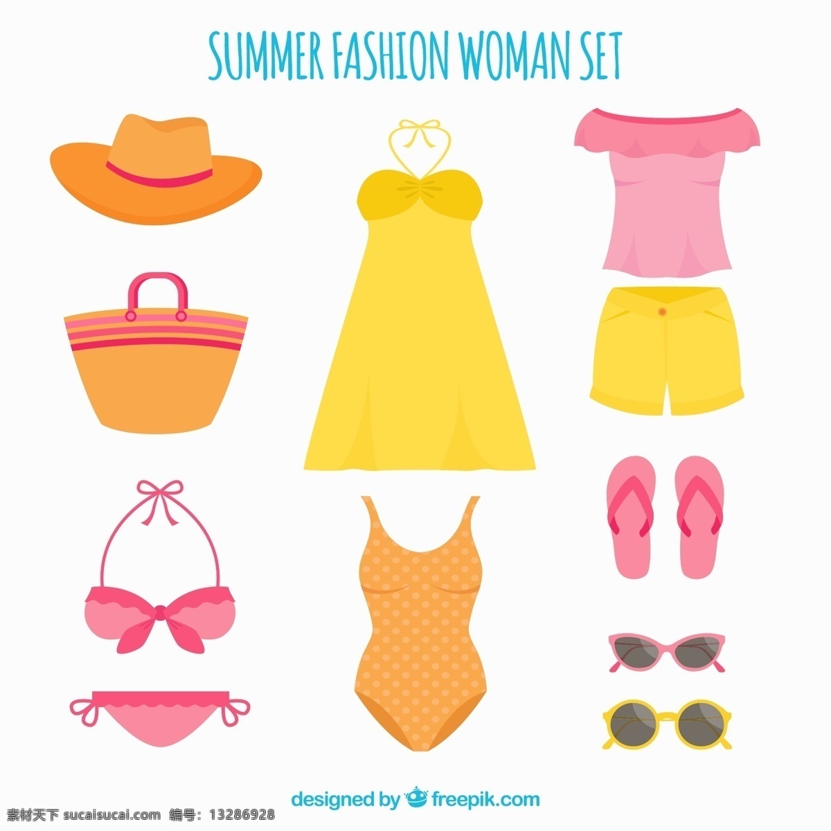 妇女 夏季 服装 套 夏天 一方面 时尚 手绘 包 衣服 帽子 t恤 太阳镜 织物 纺织品 比基尼 得出 季节 集时尚 泳衣 翻转