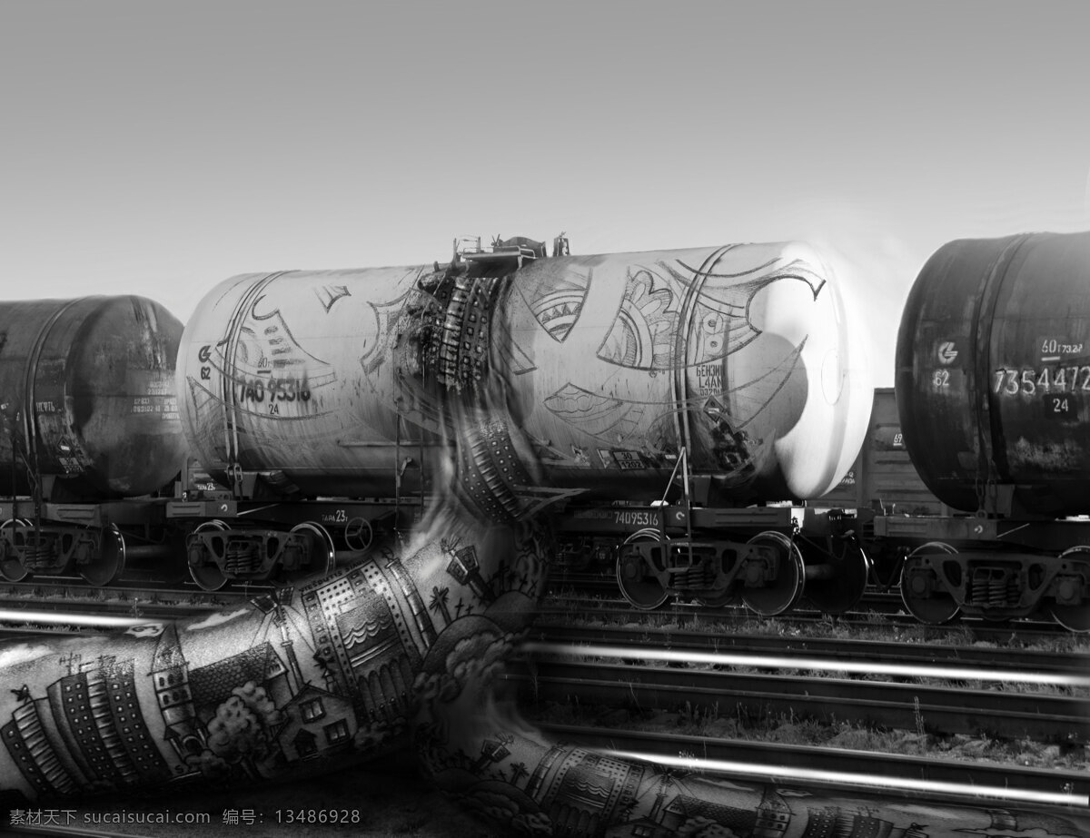 超现实 抽象艺术 灰色 绘画书法 科幻 文化艺术 油罐火车 怪诞 油罐车 psd源文件