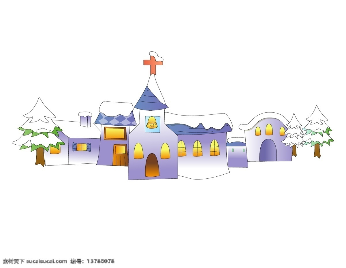卡通 冬季 教堂 元素 小清新 雪花 手绘 松枝林 十字架 ai元素 矢量元素