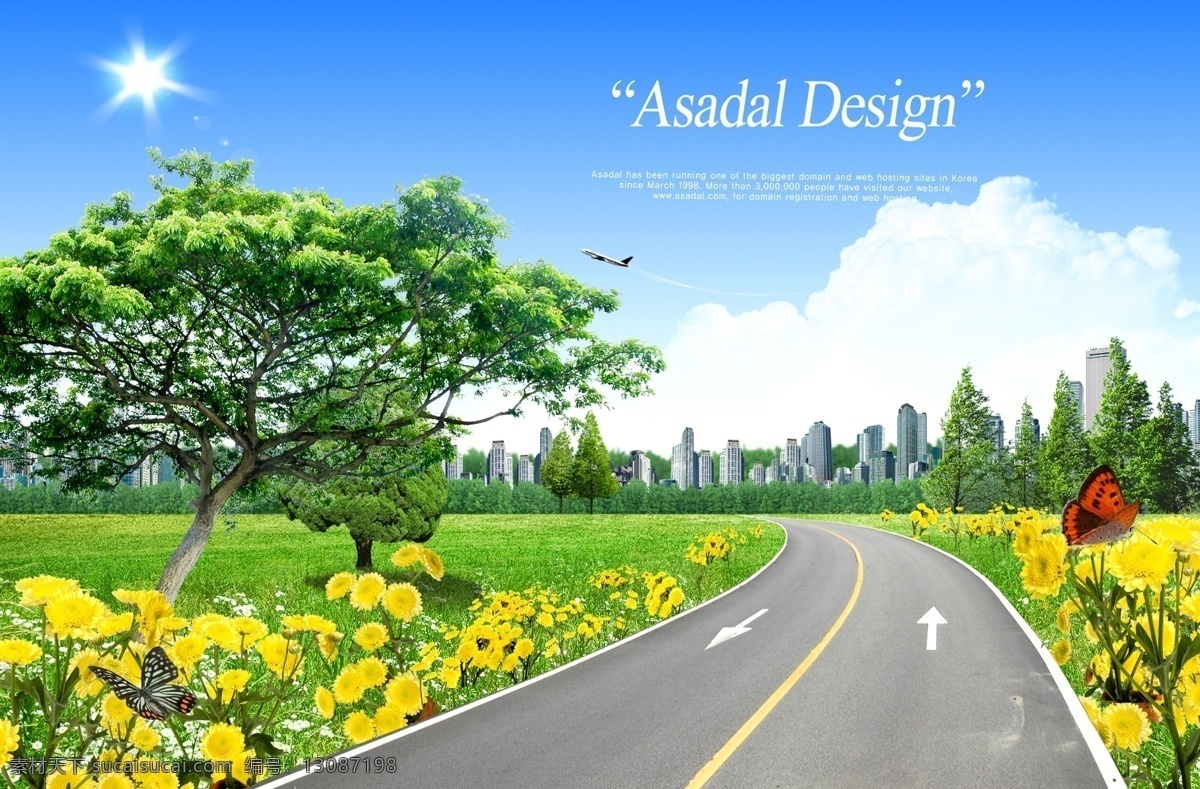 风景免费下载 春色 飞机 风景 公路 蝴蝶 花草