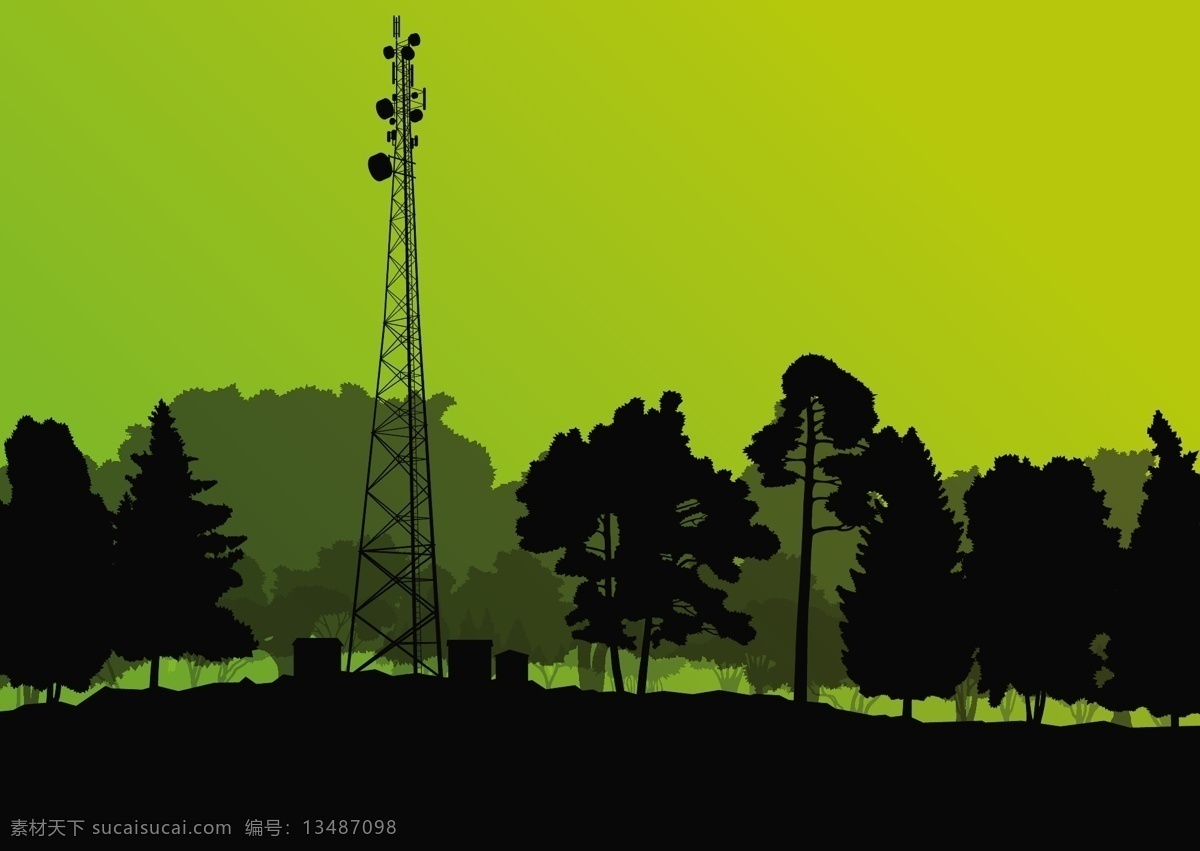 树林 信号 塔 图标 矢量 设计素材 平面设计 矢量素材 背景素材 信号塔