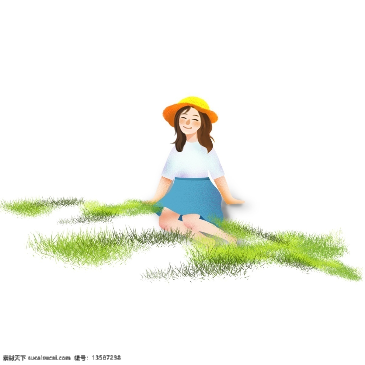 小女孩 坐在 草地 上 插画 人物 卡通 彩色 小清新 创意 手绘 绘画元素 现代 简约 装饰 图案