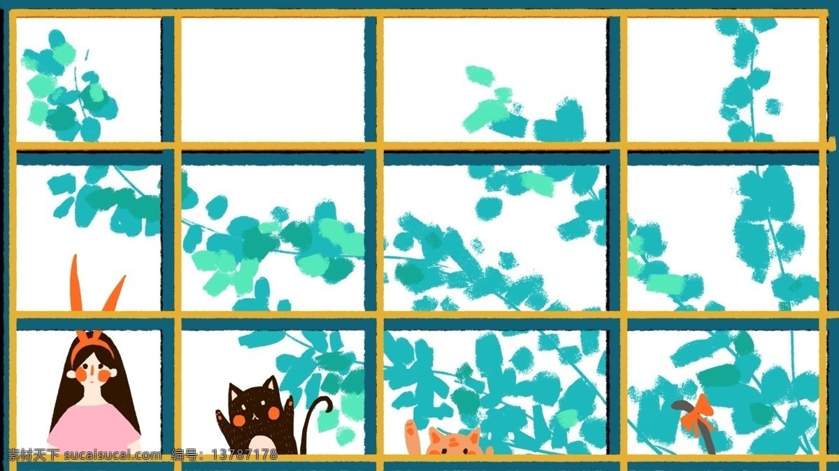 小 清新 简约 夏天 绿色 女孩 猫咪 早安 窗外 小清新 壁纸 可爱 绿植 背景 配图