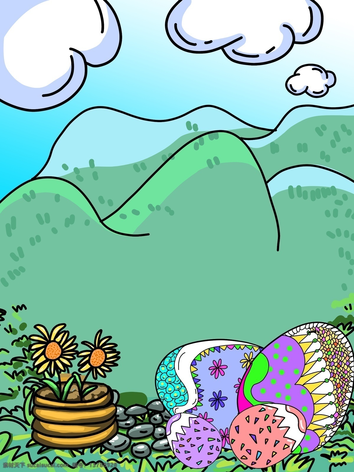 手绘 复活节 郊外 彩蛋 插画 背景 复活节背景 绿色背景 植物 广告背景 手绘背景 卡通背景 插画背景