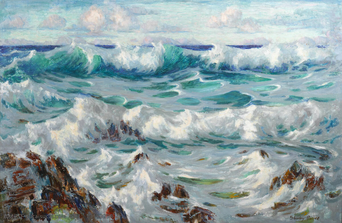 海浪 大海 礁石 白色浪花 波涛汹涌 19世纪油画 油画 文化艺术 绘画书法