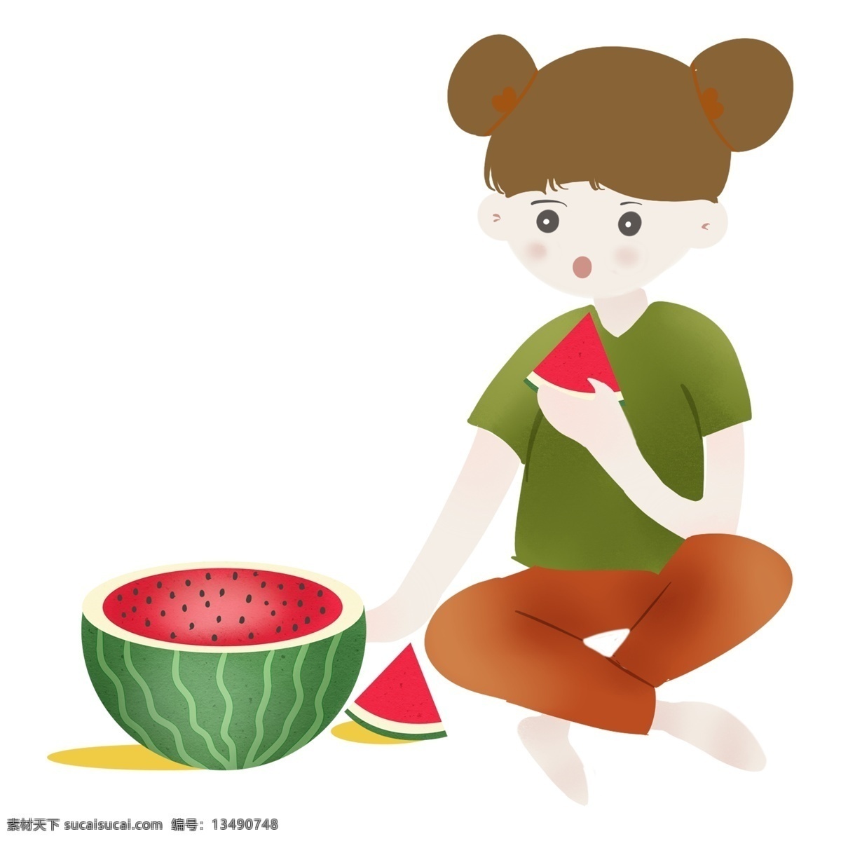 吃 西瓜 水果 少女 装饰 元素 装饰元素 手绘 食物 清新 蔬果