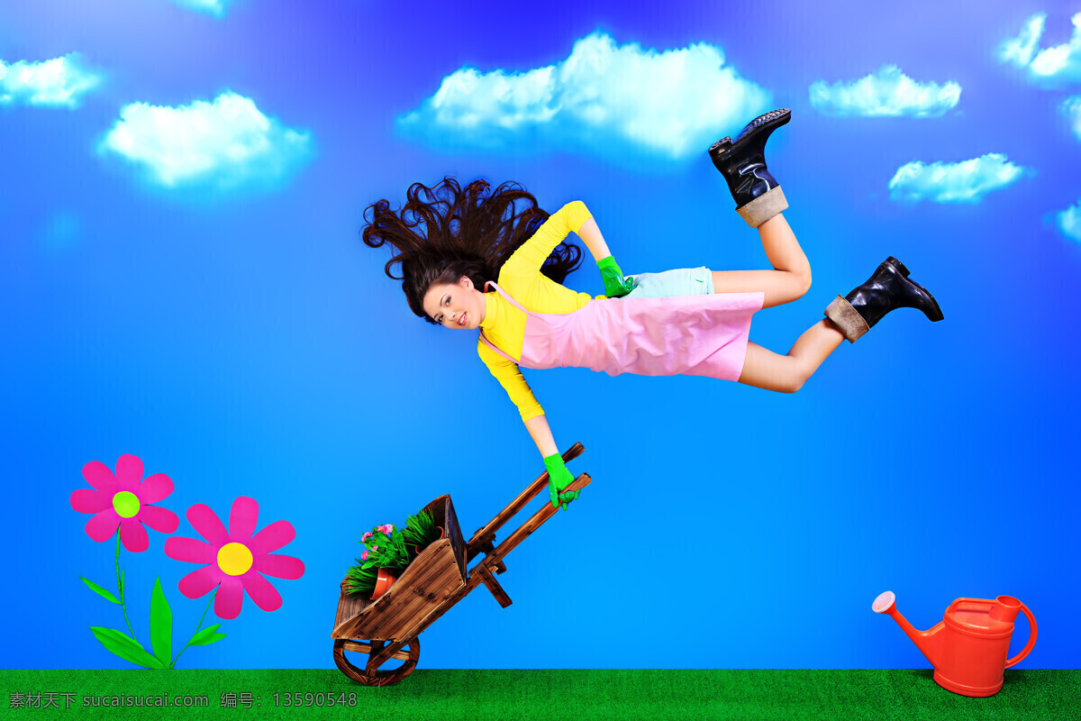 推车 飞起 活力 女孩 蓝天白云 植物盆栽 洒水壶 草地 花朵 飞跃 跳跃 跨越 动作 姿势 潮流 动感 青春 美女 女人 生活人物 人物图片