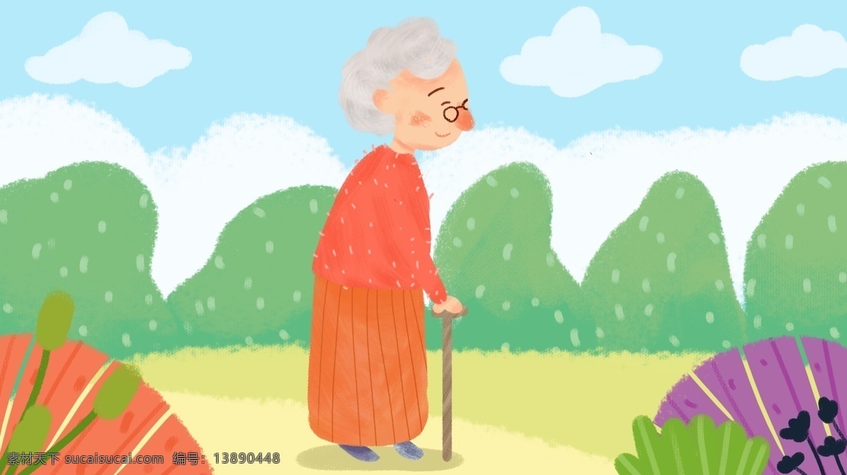 关爱 老人 老奶奶 拐杖 走路 小 清新 原创 手绘 插画 关爱老人 小清新 手绘插画