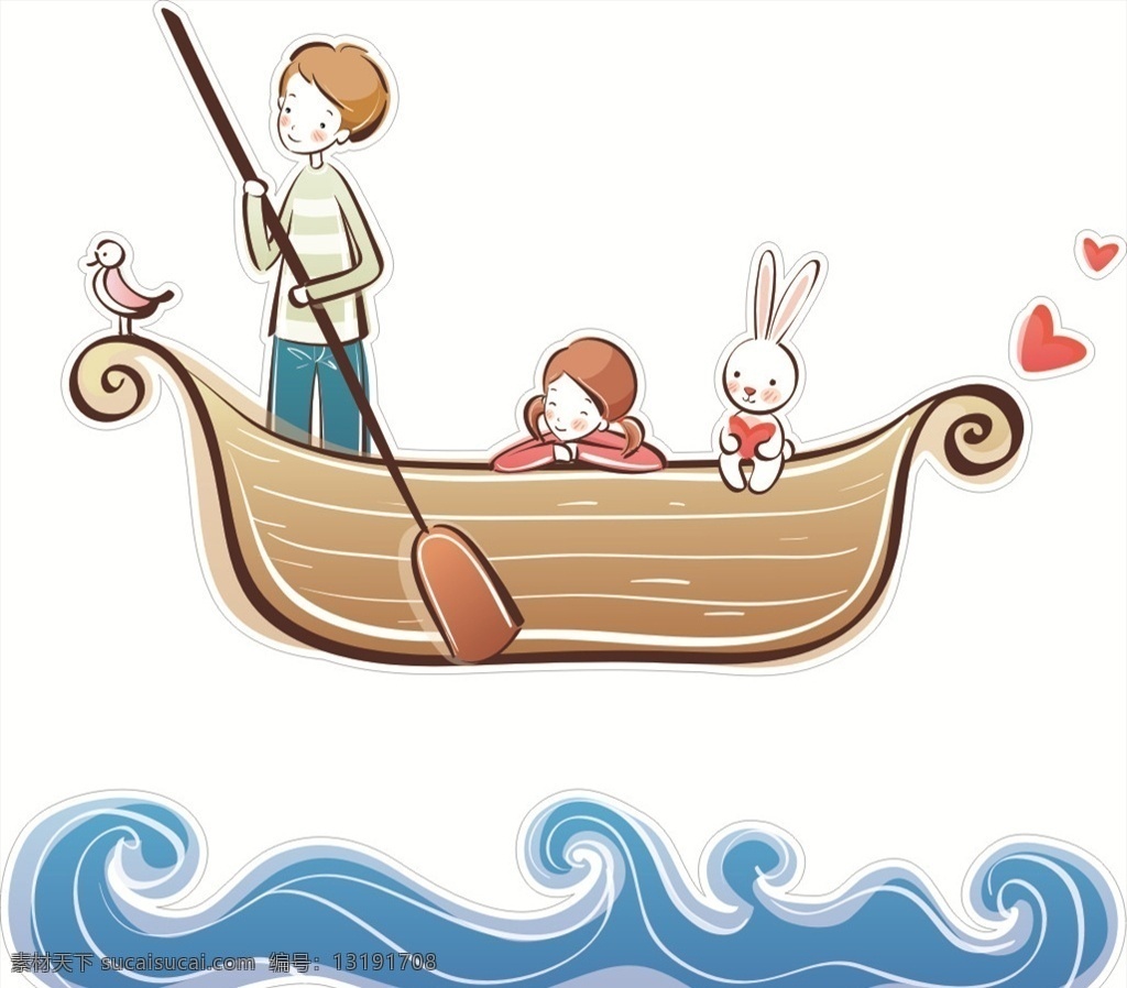 划船 小人 兔子 小女孩 船 小鸟 男孩 女孩 海水 卡通素材 动漫动画 动漫人物