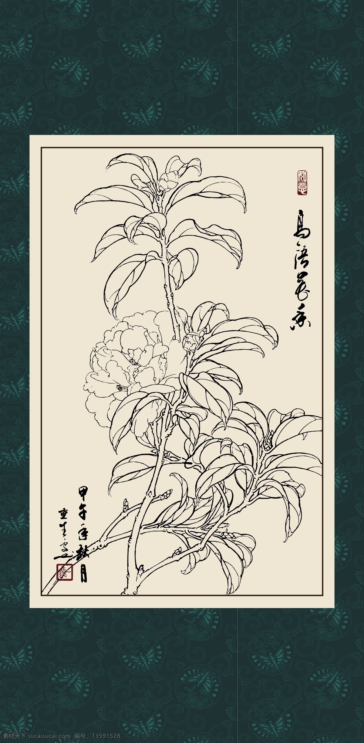 绘画 白描 线描 手绘 国画 轮廓 印章 书法 装裱 植物 花卉 花草 花鸟 工笔 写实 写生 毛笔画 昆虫 白描茶花 文化艺术 绘画书法