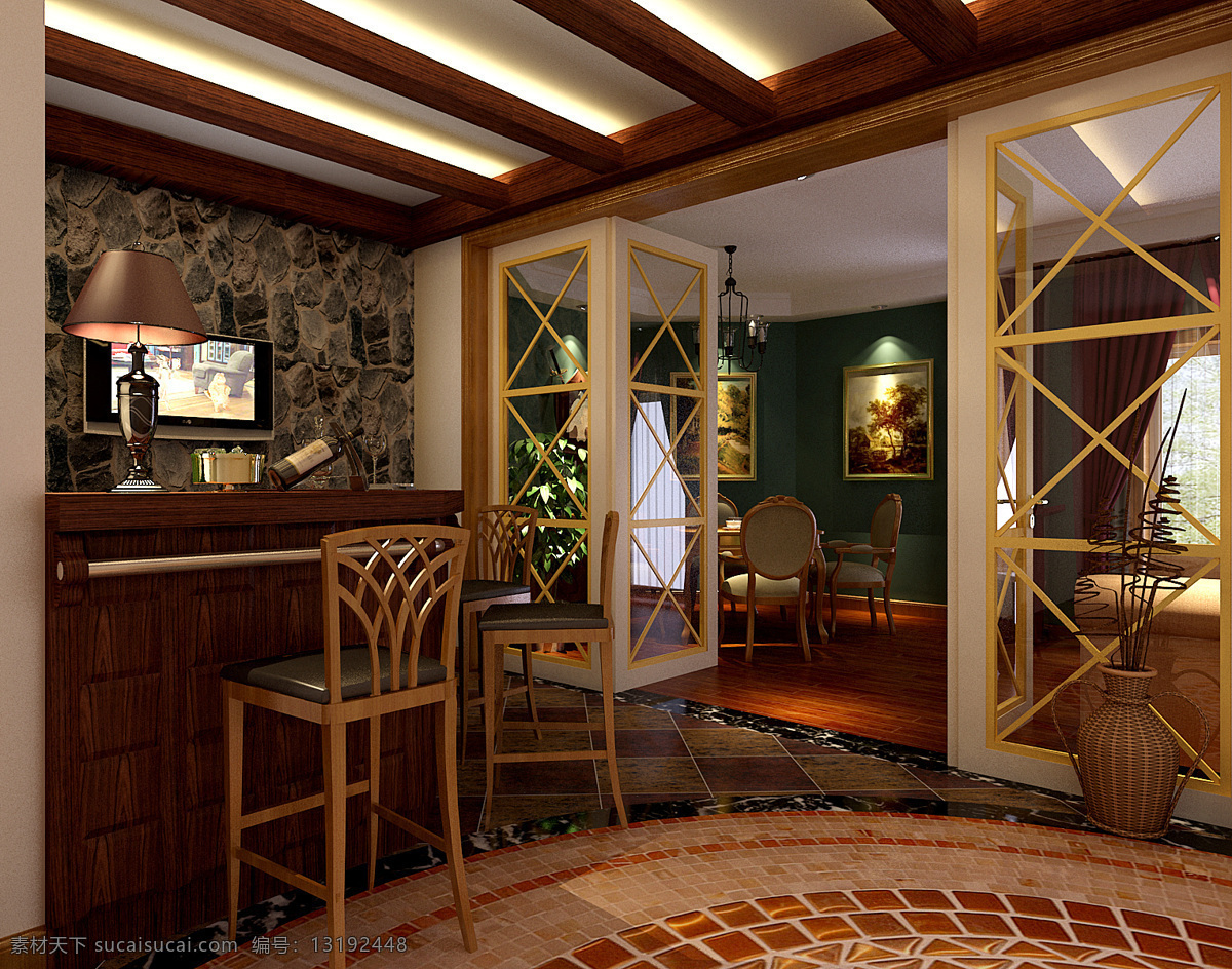 休息室 吧台 玻璃门 电视 环境设计 美式风格 墙画 室内设计 棋牌桌 椅子 台灯 家居装饰素材