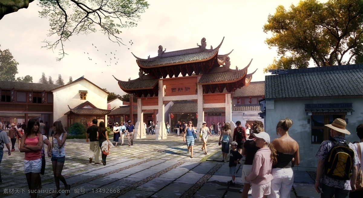旅游区 建筑 环境景观 效 树木 马路 飞鸟 中文字 男人 女人 背包 房屋 建筑物 蓝灰色天空 景观设计 环境设计 源文件